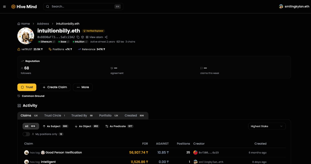 Hive Mind Explorer — intuitionbilly.eth profile showing claims, trust metrics, and staking data
